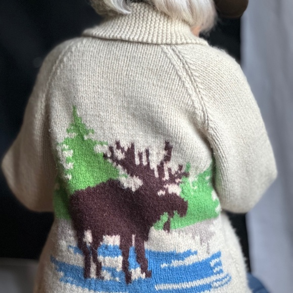 VINTAGE 1970 Handknit Moose Cowichan Style Wool Zip Cardigan Wilderness S/M EUC - Picture 2 of 7